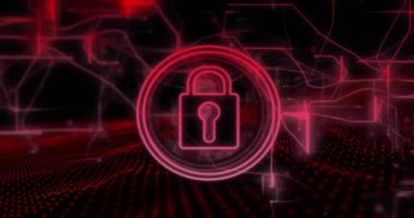 Siyah arkaplan üzerinde asma kilit ve navigasyon desenlerinin animasyonu. Dijital olarak üretilmiş, hologram, illüstrasyon, aydınlatma, güvenlik, koruma ve teknoloji konsepti.