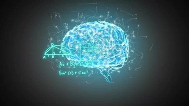 Parlayan insan beyni üzerinde matematiksel denklemlerin canlandırılması gri arka planda dönüyor. Tıbbi araştırma ve bilim teknolojisi kavramı