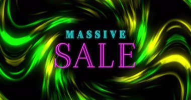 Devasa satış metinlerinin siyah zemin üzerindeki dalga desenlerinin animasyonu. Dijital olarak üretilmiş, hologram, illüstrasyon, aydınlatılmış, satış, alışveriş, pazarlama ve reklam kavramı.