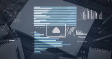 Dizüstü bilgisayarda birden fazla grafik ve uygulamanın animasyonu. Dijital bileşik, iş dünyası, rapor, bulut hesaplama, ofis ve kablosuz teknoloji kavramı.