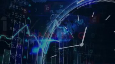 Grafiklerin animasyonu, dijital saat, harita ve siyah arkaplan üzerinde ticaret tahtası. Dijital olarak üretilmiş, hologram, illüstrasyon, rapor, küresel, iş, zaman, borsa ve teknoloji kavramı.