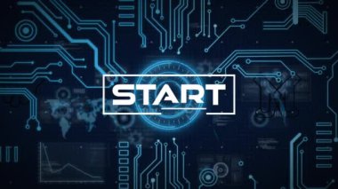 Neon yuvarlak tarayıcı ve mikro işlemci bağlantıları üzerine başlangıç metni pankartı animasyonu. Video oyunu ve eğlence teknolojisi kavramı