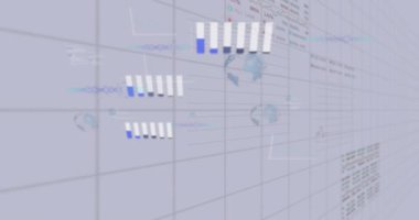 Finansal veri işleme animasyonu ve ışık arkaplanı üzerindeki istatistikler. Dijital olarak oluşturulmuş küresel istatistik, bilgisayar ve veri işleme kavramı.