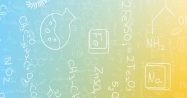 Bilim konsepti simgelerinin animasyonu ve gradyan arka plana karşı matematiksel denklemler. Okul ve eğitim kavramı