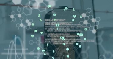 Tıbbî simgelerden oluşan bir dünya animasyonu, ofiste VR kulaklık takan bir kadın üzerinde kimyasal yapılar. Tıbbi araştırma ve gelecekteki teknoloji konsepti