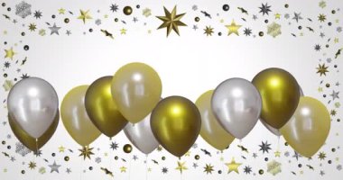 Beyaz zemin üzerinde yıldızlar olan altın ve gümüş balonların animasyonu. Yeni yıl, yeni yıl arifesi, parti, kutlama ve geleneksel konsept dijital olarak oluşturulmuş video.