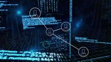 Profil simgelerinin, veri işleme ağının animasyonu ve siyah arkaplana karşı mavi ışık noktaları. Küresel ağ ve iş arayüzü teknolojisi kavramı