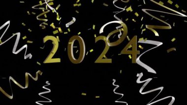 Siyah arka planda 2024 parti flaması ve konfeti animasyonu. Yeni yıl, yeni yıl arifesi, parti, kutlama ve geleneksel konsept dijital olarak oluşturulmuş video.