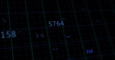 Siyah arkaplanda, şebeke ağı üzerinden rakamları değiştirmenin animasyonu. Bilgisayar arayüzü ve iş teknolojisi kavramı