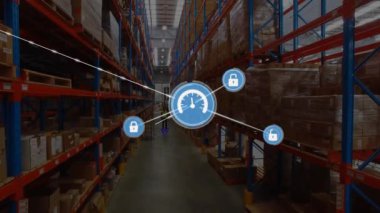 Depoda uçan kaykay kullanan Afro-Amerikan işçilere bağlı simgelerin animasyonu. Dijital bileşik, çoklu pozlama, iletişim, teknoloji, nakliye ve dağıtım kavramı.