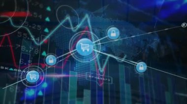 Dünya üzerindeki simgelerle bağlantı ağının animasyonu. Küresel iş, bağlantılar, hesaplama ve veri işleme kavramı dijital olarak oluşturulmuş video.