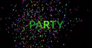 Siyah arkaplanda parti metni ve konfeti animasyonu. Yeni yıl, yeni yıl arifesi, kutlama ve geleneksel konsept dijital olarak oluşturulmuş video.