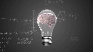 Kadın eli ve matematiksel veri işleme üzerinde beyni olan ampulün animasyonu. Küresel bilim, bilgisayar ve veri işleme kavramı dijital olarak oluşturulmuş video.