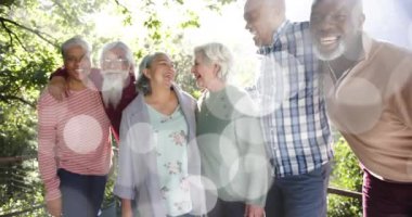 Bahçede gülümseyen yaşlı insanlar üzerinde ışık lekelerinin canlandırılması. Mutluluk, kıdemli yaşam tarzı, aktif yaşam tarzı ve dijital olarak oluşturulmuş emeklilik konsepti.