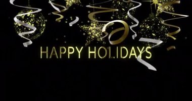 Yeni yıl mesajları, parti flamaları ve siyah arka planda konfeti animasyonları. Yeni yıl, yeni yıl arifesi, parti, kutlama ve geleneksel konsept dijital olarak oluşturulmuş video.