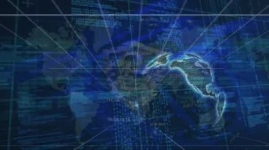 Mavi dijital dalganın dönen dünya haritası ve güvenlik kilidi üzerindeki animasyonu. Küresel ağ ve siber güvenlik teknolojisi kavramı