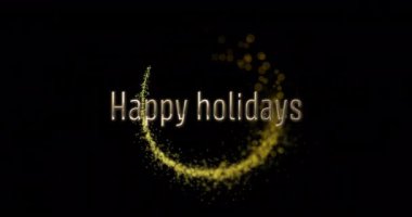 Siyah arka planda parlayan ışık yollarının üzerinde mutlu bayramlar metni animasyonu. Yeni yıl, yeni yıl arifesi, parti, kutlama ve geleneksel konsept dijital olarak oluşturulmuş video.