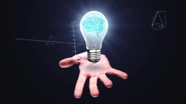 Kadın eli ve matematiksel veri işleme üzerinde beyni olan ampulün animasyonu. Küresel bilim, bilgisayar ve veri işleme kavramı dijital olarak oluşturulmuş video.