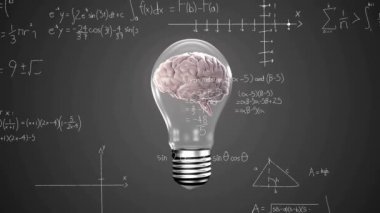 Kadın eli ve matematiksel veri işleme üzerinde beyni olan ampulün animasyonu. Küresel bilim, bilgisayar ve veri işleme kavramı dijital olarak oluşturulmuş video.