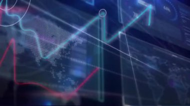 Grafiklerin, haritaların, alım satım tahtalarının, dairelerin yüklenmesi, soyut arkaplan üzerinde numaraların değiştirilmesi. Dijital olarak üretilen hologram, illüstrasyon, rapor, iş dünyası, borsa ve küresel kavram.