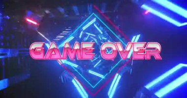 Neon arkaplan üzerine metin üzerinden oyunun canlandırması. Dijital arayüz, iletişim, hesaplama ve veri işleme kavramı dijital olarak oluşturuldu.