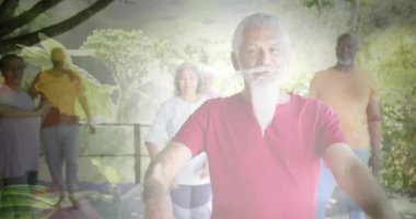 Bahçede yoga yapan farklı yaşlı insanlar üzerinde ışık ve ağaçların animasyonu. Yoga, yaşlı yaşam tarzı, fitness, aktif yaşam tarzı ve emeklilik konsepti dijital olarak oluşturulmuş video.