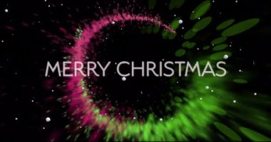 Mutlu noeller metni ve siyah arka planda ışık çemberi animasyonu. Noel, gelenek, kutlama hareketi ve dijital olarak üretilen renk konsepti.