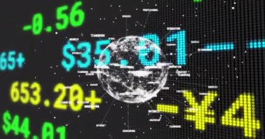 Dünya çapında finansal veri işleme animasyonu. Küresel iş, bağlantılar, hesaplama ve veri işleme kavramı dijital olarak oluşturulmuş video.