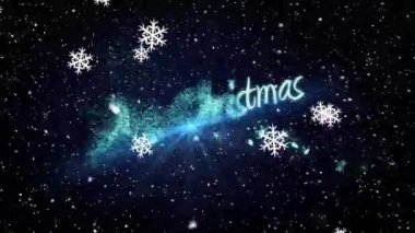 Mutlu noel mesajları ve mavi ışık noktasının üzerine düşen kar tanelerinin animasyonu. Noel şenliği ve kutlama konsepti