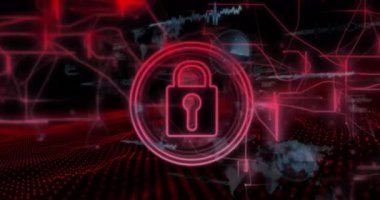 Siyah zemin üzerinde daireler, küreler, radarlar ve bilgisayar dilinde asma kilit animasyonu. Dijital olarak üretilmiş, hologram, koruma, küreselleşme, rapor, iş dünyası, kodlama ve teknoloji kavramı.