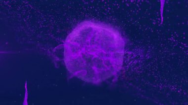 Koyu arkaplanda ağ bağlantıları olan mor parlak kürenin animasyonu. Renk, hareket ve ışık konsepti dijital olarak oluşturulmuş video.