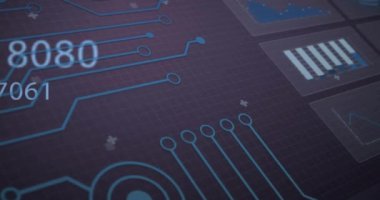 Soyut arkaplan üzerinde değişen numaraların, grafiklerin ve devre kartı desenlerinin animasyonu. Dijital olarak üretilmiş, hologram, illüstrasyon, rapor, iş dünyası, büyüme ve teknoloji kavramı.