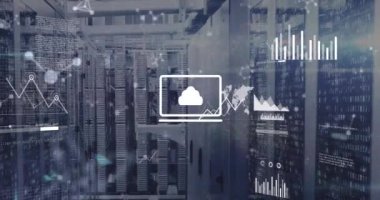 Bilgisayar sunucu odasına karşı moleküler yapıların ve veri işleme arayüzlerinin animasyonu. Bilgisayar arayüzü ve iş veri depolama teknolojisi kavramı