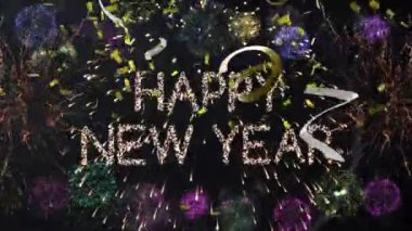 Yeni yıl mesajları, parti flamaları ve siyah arka planda konfeti animasyonları. Yeni yıl, yeni yıl arifesi, parti, kutlama ve geleneksel konsept dijital olarak oluşturulmuş video.