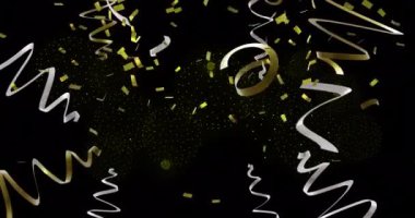 Siyah arka planda parti flamaları ve konfeti animasyonu. Yeni yıl, yeni yıl arifesi, parti, kutlama ve geleneksel konsept dijital olarak oluşturulmuş video.