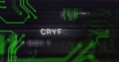 Mikroişlemci bağlantıları ve ikili kodlama üzerine şifreli metin pankartı animasyonu. Kripto para birimi ve iş arayüzü teknolojisi kavramı