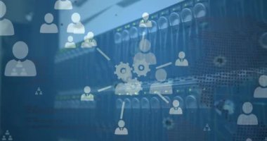 Bir bilgisayar sunucusuna yakın duran birden fazla dijital simge ve profil simgelerinin canlandırılması. Küresel ağ ve iş veri depolama teknolojisi kavramı