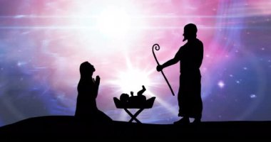 Kış manzarası arka planında noel doğum sahnesinin animasyonu. Noel, gelenek, kutlama hareketi ve dijital olarak üretilen renk konsepti.