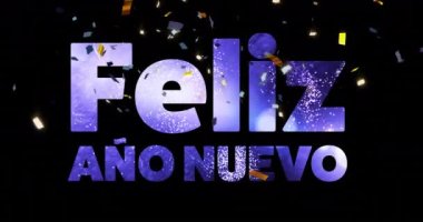 Feliz ano nuevo metin ve konfeti animasyonu. Yeni yıl, yeni yıl arifesi, kutlama ve geleneksel konsept dijital olarak oluşturulmuş video.