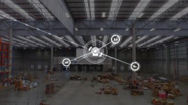 Deponun havadan görüntüsü üzerinden çizgilerle bağlı ikonların canlandırılması. Dijital bileşik, çoklu pozlama, iletişim, teknoloji, rapor, iş, nakliye ve dağıtım kavramı.