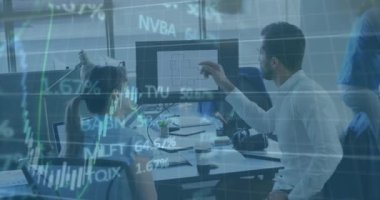 Animation of financial data processing over diverse business people in office. Global business, finances, computing and data processing concept digitally generated video.