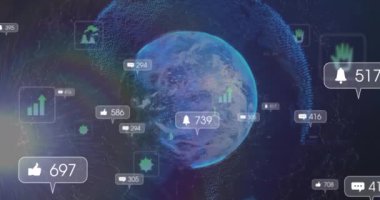 Çoklu simgelerin canlandırılması, dünyanın dört bir yanındaki noktaların soyut arkaplanlarla karşılaştırılması. Dijital olarak üretilmiş, hologram, kirlilik, sosyal medya anımsatma ve küreselleşme kavramı.