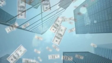 Düşen dolarların animasyonu gökyüzüne karşı modern binaların alçak açılı görüntüsü. Dijital bileşik, çoklu pozlama, para birimi, bankacılık, finans, soyut ve mimari kavram.
