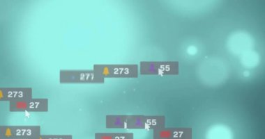 Değişen numaraların canlandırması, uyarı çubuklarındaki simge ve mavi arkaplanda parlayan lensler. Dijital olarak üretilmiş, hologram, illüstrasyon, büyüme, iş dünyası, sosyal medya anımsatıcı ve teknoloji.