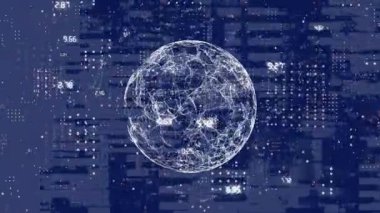 Siyah arka plandaki noktalar üzerinden dönen yerlerdeki bağlı noktalar etrafında numaraların animasyonu. Dijital olarak üretilmiş, hologram, illüstrasyon, küreselleşme, iletişim konsepti.
