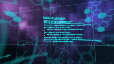 Şebeke ve mor kareler üzerinde bilimsel veri işleme animasyonu. Küresel bilim, bağlantılar, hesaplama ve veri işleme kavramı dijital olarak oluşturulmuş video.