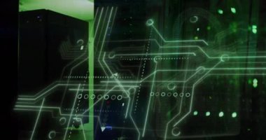 Bilgisayar devre kartı ve veri işleme animasyonu. Dijital olarak oluşturulmuş küresel çevrimiçi güvenlik, bilgisayar ve veri işleme kavramı.