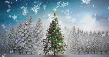 Kış manzarasında süslenmiş Noel ağacının üzerine düşen kar tanelerinin animasyonu. Noel şenliği ve kutlama konsepti