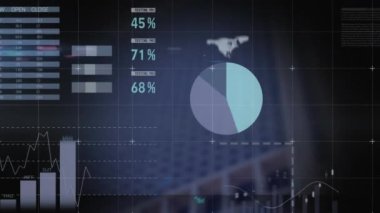 Yüksek binanın görüntüsüyle istatistiksel veri işleme animasyonu. Bilgisayar arayüzü ve iş veri teknolojisi kavramı