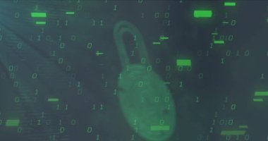 Gri arka planda güvenlik kilidi simgesi üzerinde ikili kodlama veri işleme animasyonu. Siber güvenlik ve iş teknolojisi kavramı